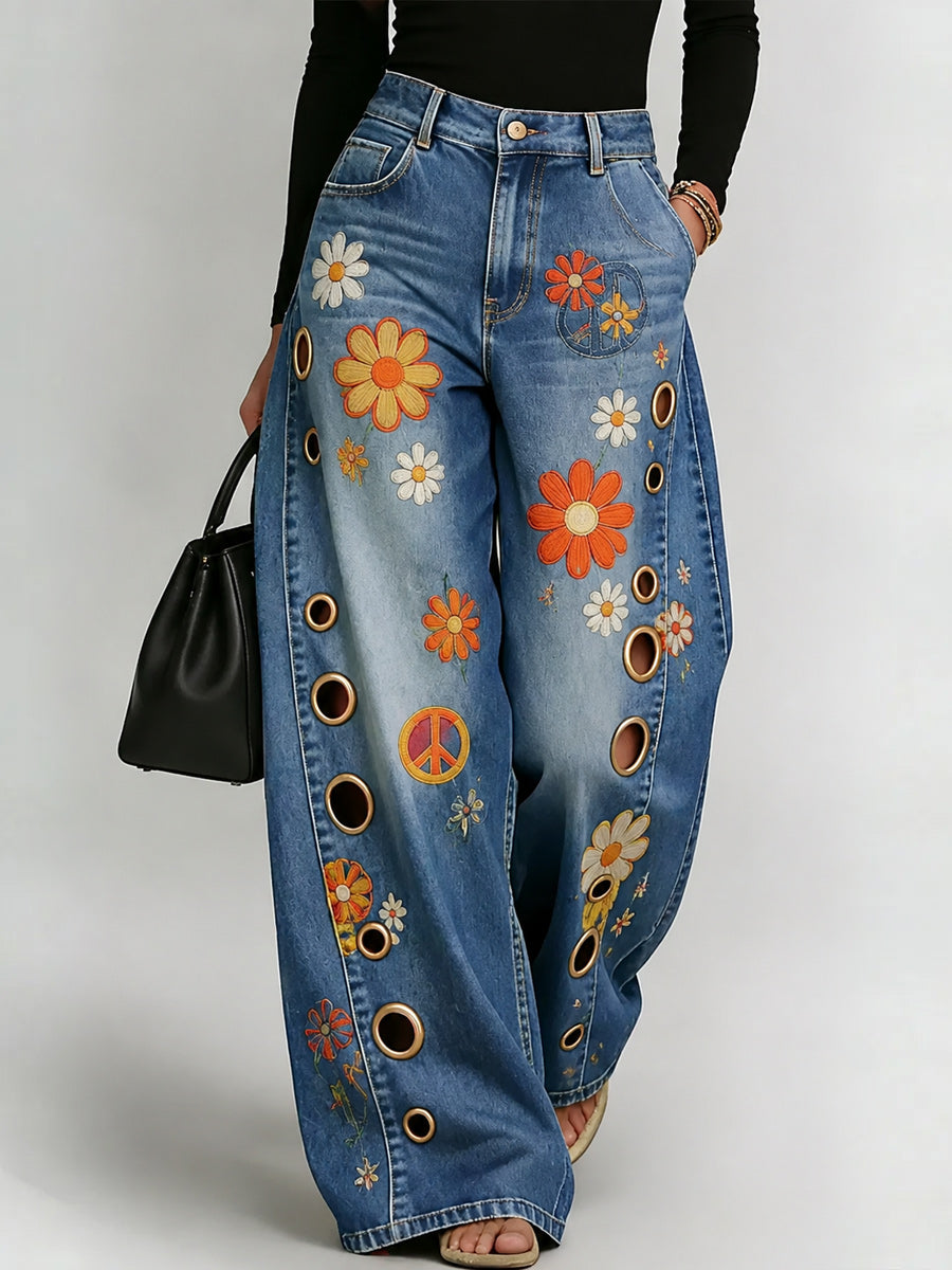 Women's Retro Style Art Print Casual  Hollow Wide Leg Pants