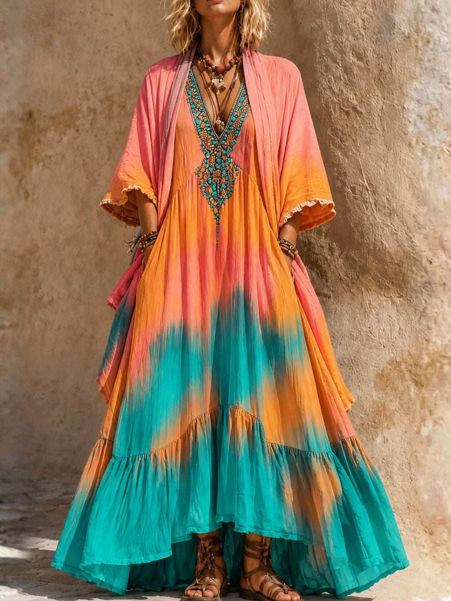 Retro Style Art Printed Vintage Camisole Dress Long Sleeve Two-Piece Maxi Dress