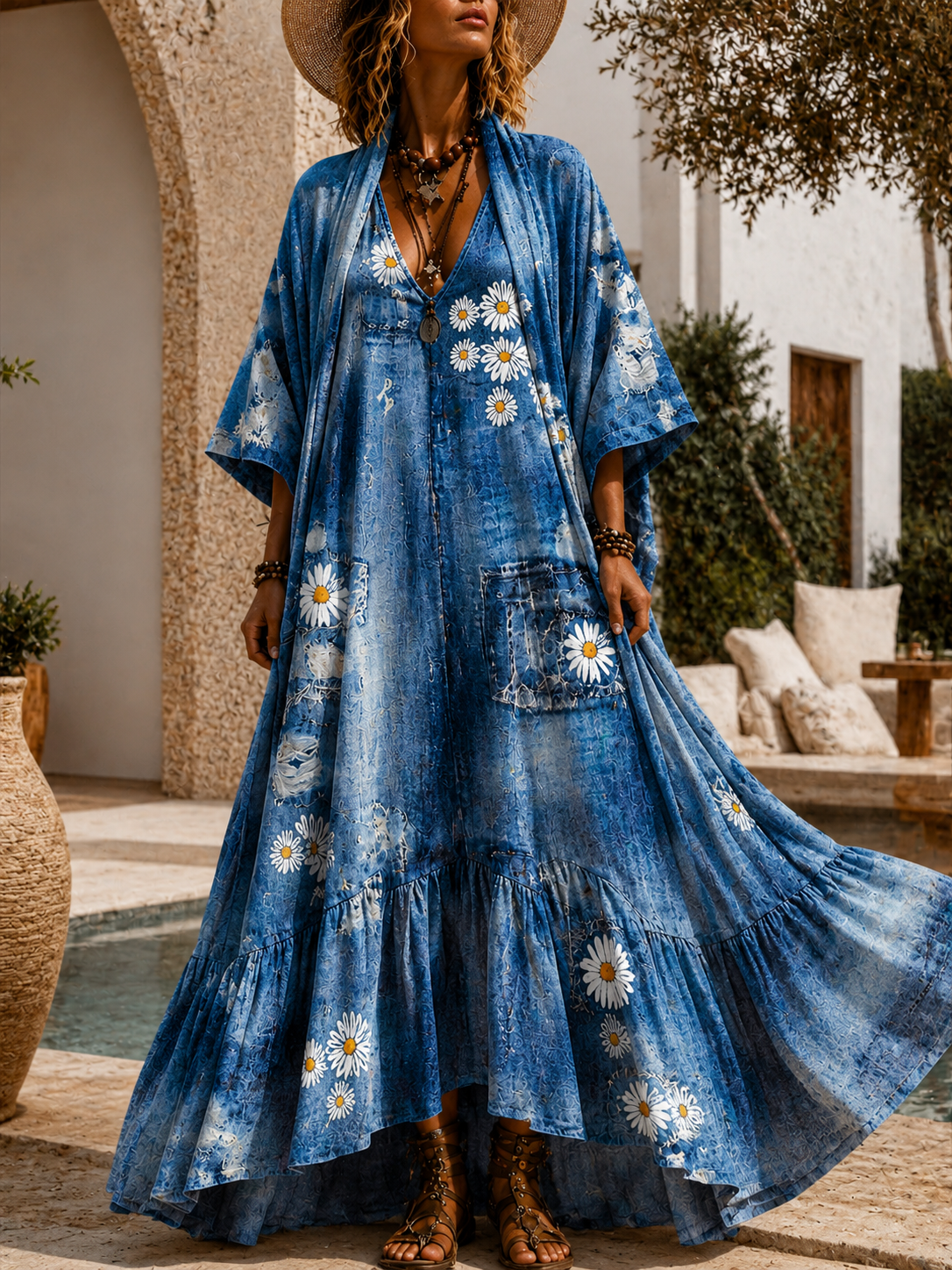 Retro Style Art Printed Vintage Camisole Dress Long Sleeve Two-Piece Maxi Dress