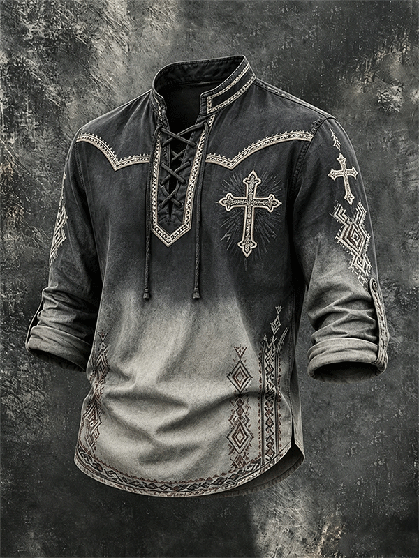 Men's Western Cross Ethnic Pattern Lace Up Vintage Long Sleeve Shirt