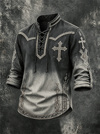 Men's Western Cross Ethnic Pattern Lace Up Vintage Long Sleeve Shirt