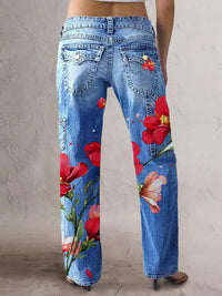 Women's Retro Style Art Print Casual Pocket Button Wide Leg Pants