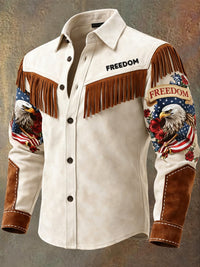 Men's Retro Western Style U.S 250 Commemorative Freedom Print Vintage Tassel Casual Long Sleeve Shirt