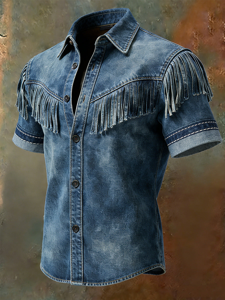 Men's Retro Western Printed Vintage Tassel Casual Short Sleeves Shirt