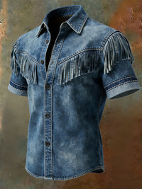 Men's Retro Western Printed Vintage Tassel Casual Short Sleeves Shirt