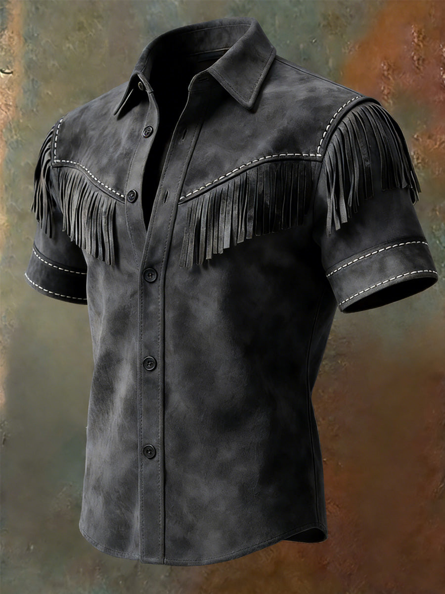 Men's Retro Western Printed Vintage Tassel Casual Short Sleeves Shirt