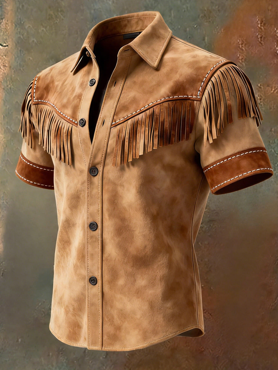 Men's Retro Western Printed Vintage Tassel Casual Short Sleeves Shirt
