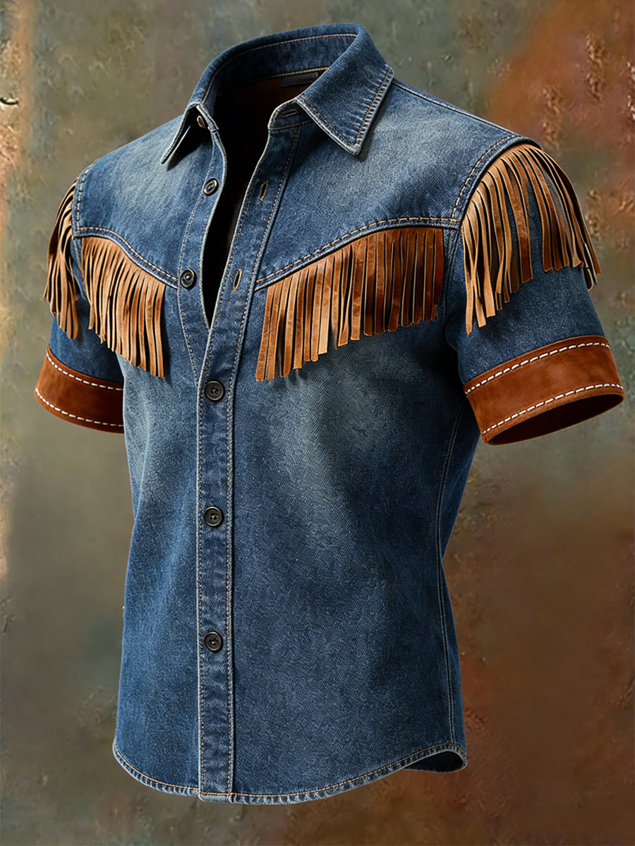 Men's Retro Western Printed Vintage Tassel Casual Short Sleeves Shirt
