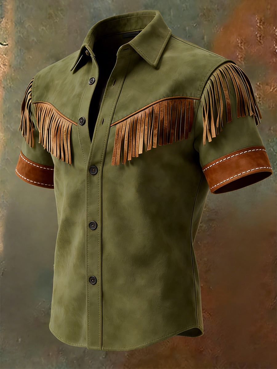 Men's Retro Western Printed Vintage Tassel Casual Short Sleeves Shirt