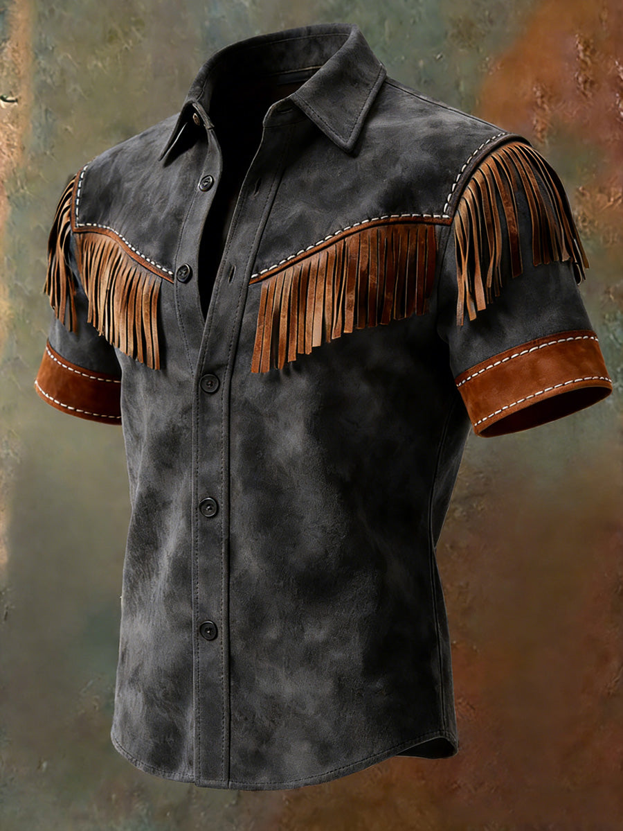 Men's Retro Western Printed Vintage Tassel Casual Short Sleeves Shirt