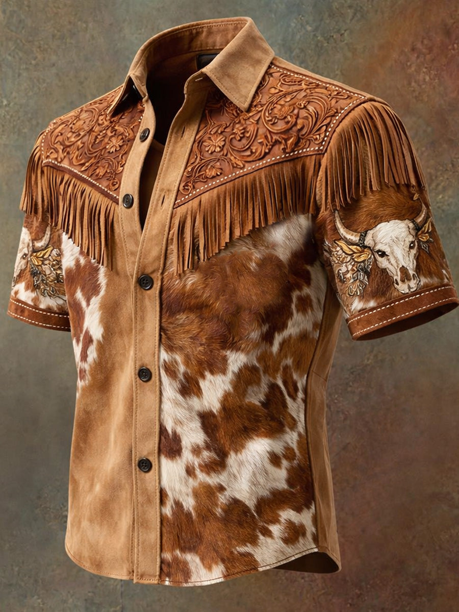Men's Retro Western Printed Vintage Tassel Casual Short Sleeves Shirt