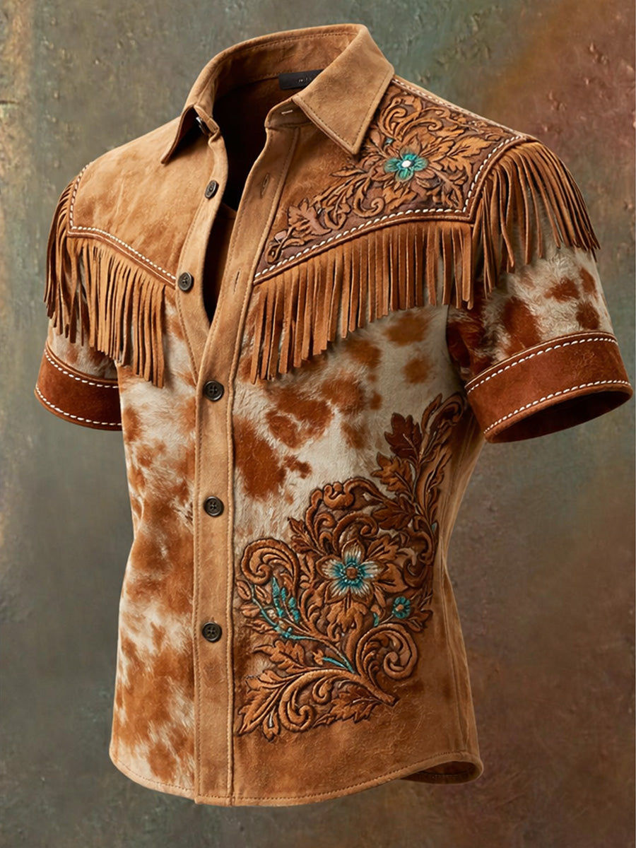 Men's Retro Western Printed Vintage Tassel Casual Short Sleeves Shirt