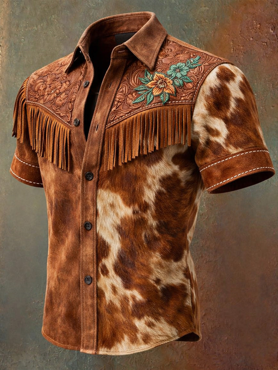 Men's Retro Western Printed Vintage Tassel Casual Short Sleeves Shirt