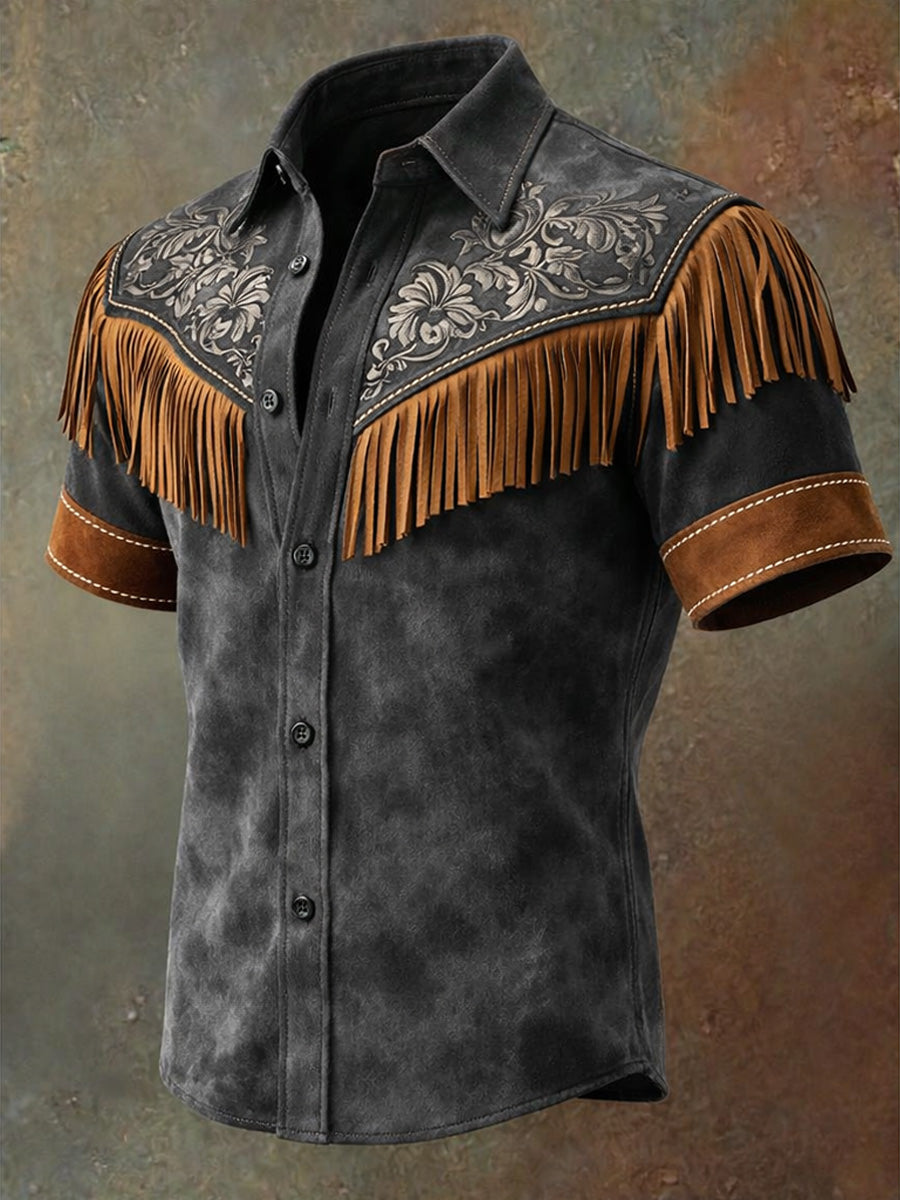 Men's Retro Western Printed Vintage Tassel Casual Short Sleeves Shirt
