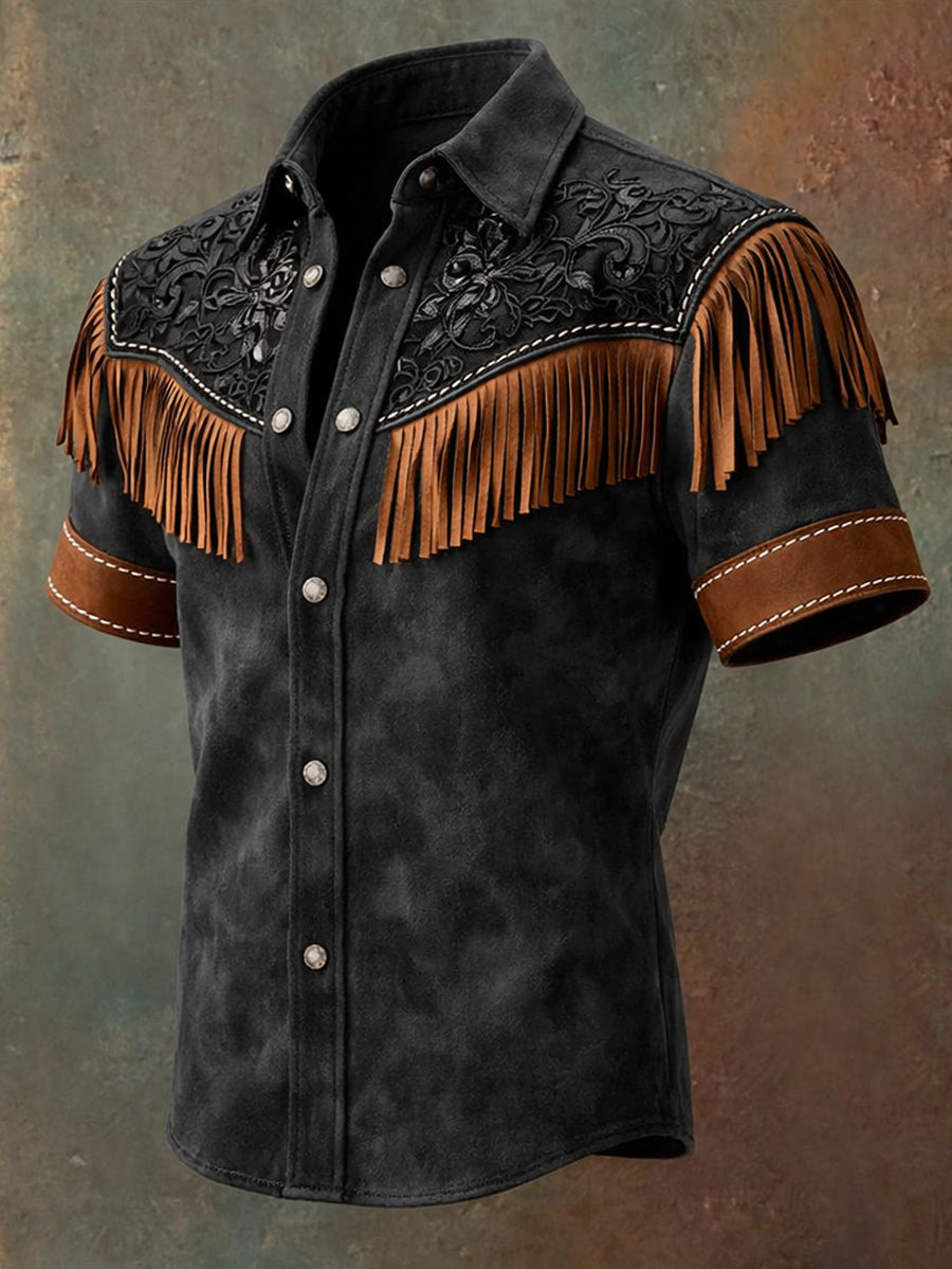 Men's Retro Western Printed Vintage Tassel Casual Short Sleeves Shirt