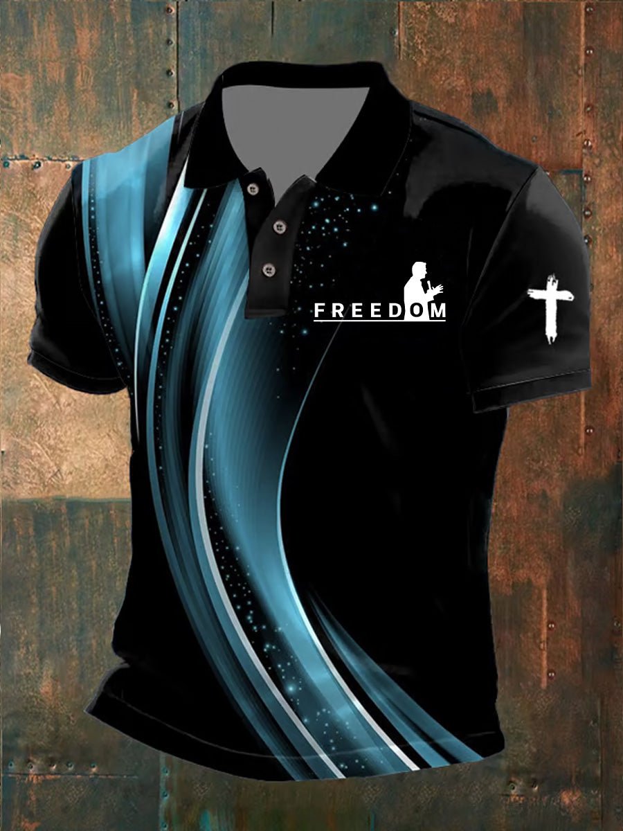 Men's Freedom American Flag Print Retro V-Neck Short Sleeves Polo-Shirt