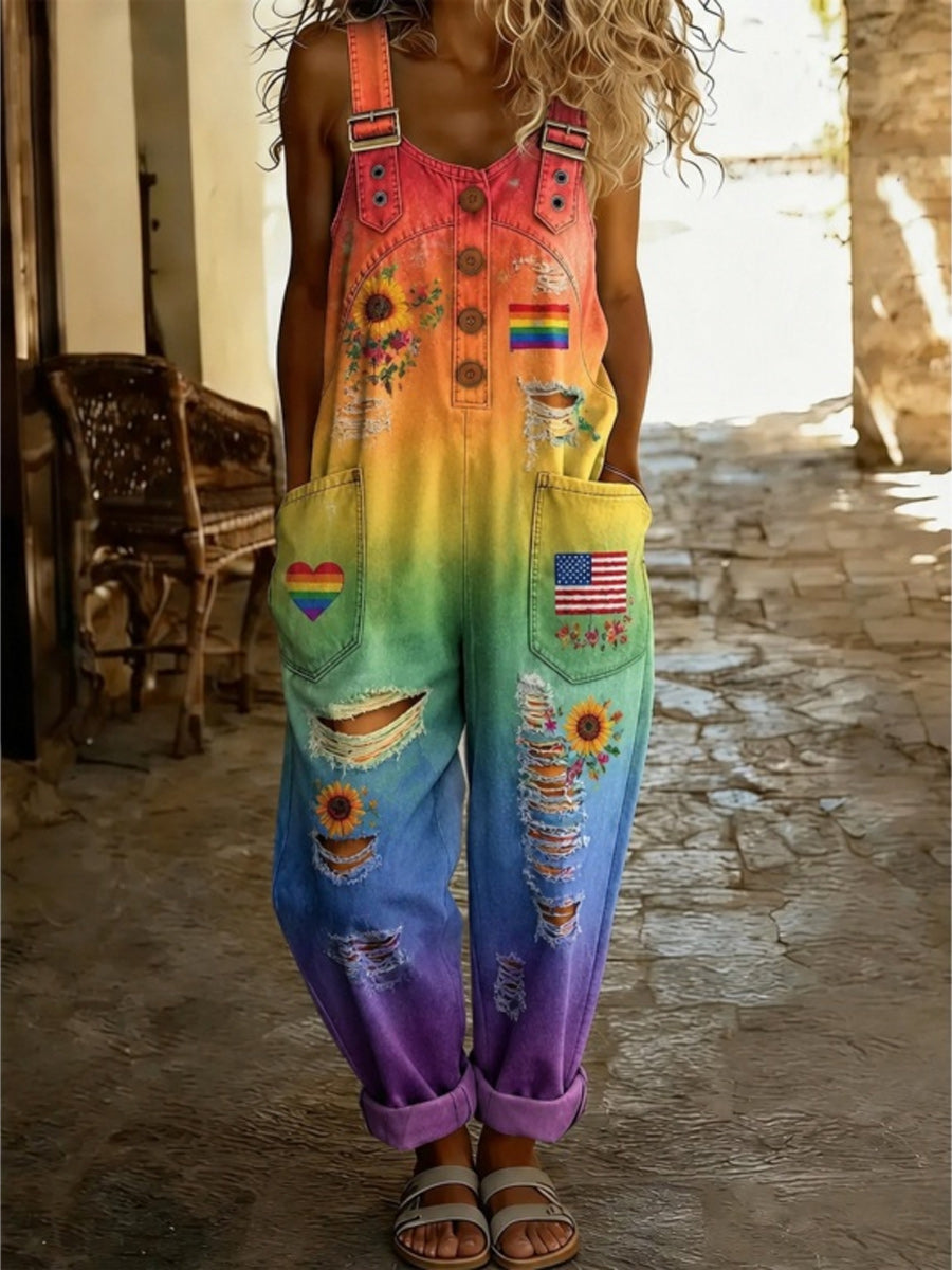 Women's Retro Style Art Print Washed Cotton Denim Patchwork Jumpsuit