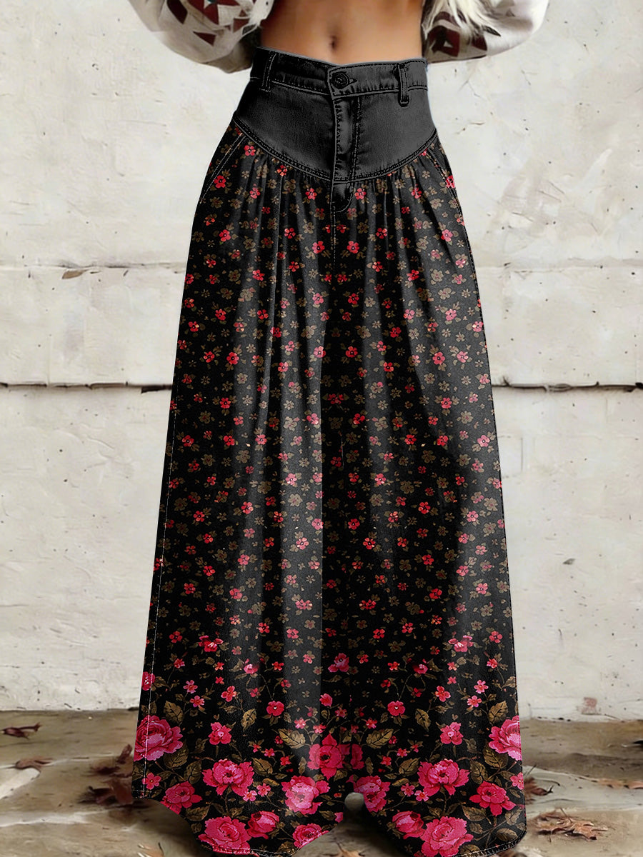 Women's Retro Floral Color-Blocked Art Print Casual Style Wide Leg Pants