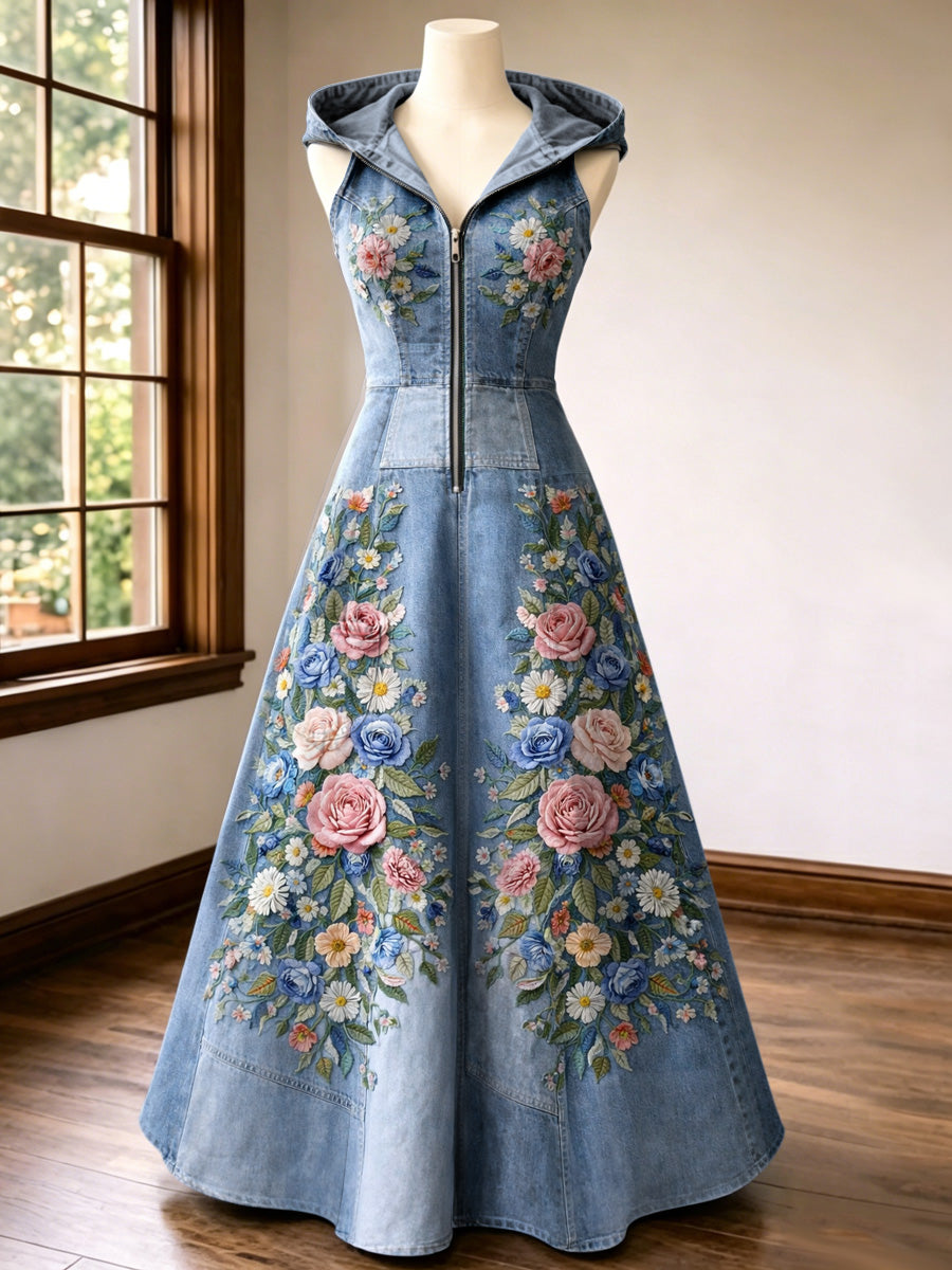 Retro Style Art Print Vintage V-Neck Hooded Zipper Maxi Dress