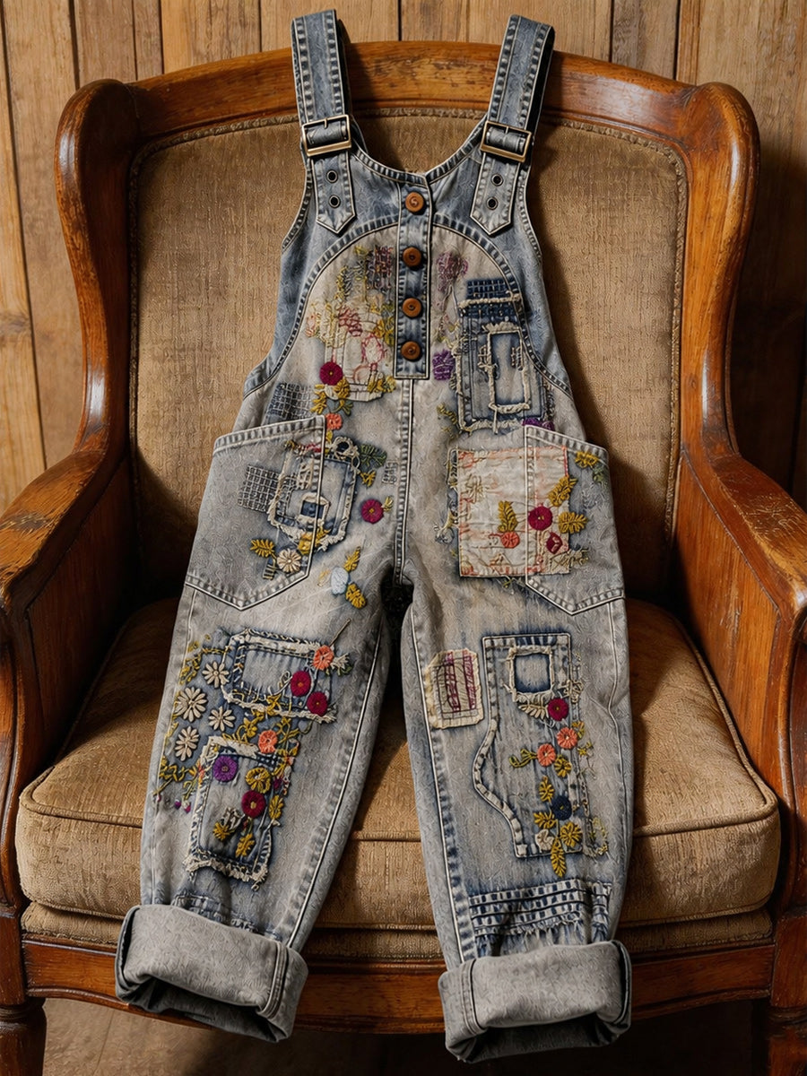 Women's Retro Style Art Print Washed Cotton Denim Patchwork Jumpsuit