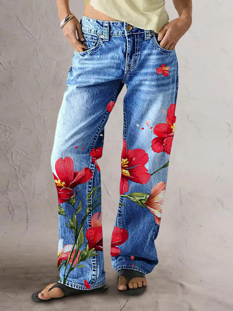 Women's Retro Style Art Print Casual Pocket Button Wide Leg Pants