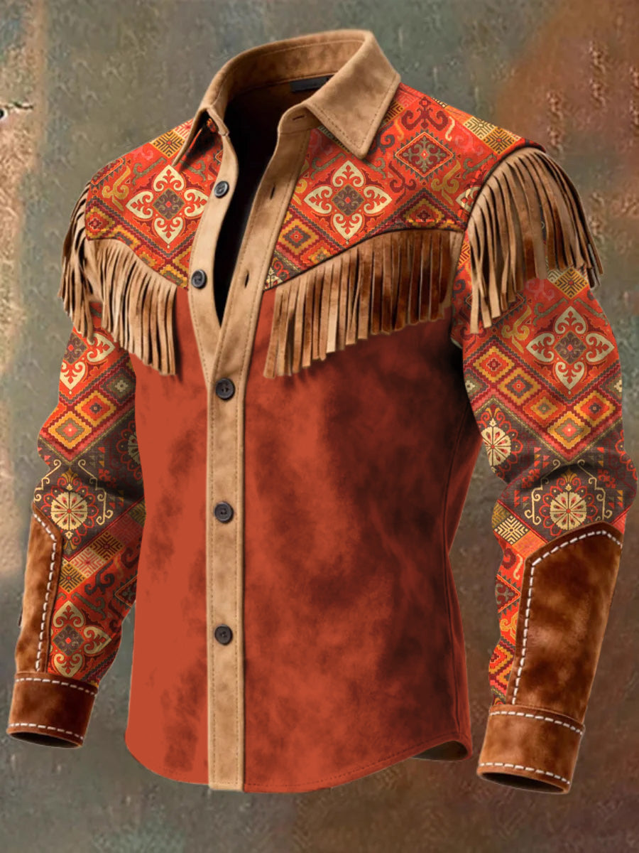 Men's Retro Western Style Art Print Vintage Tassel Casual Long Sleeve Shirt