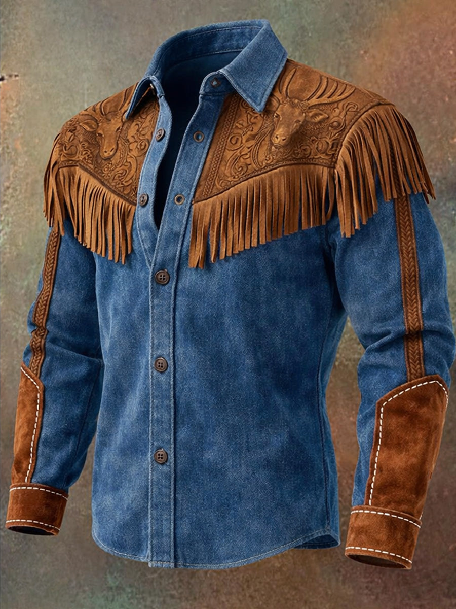 Men's Retro Western Style Art Print Vintage Tassel Casual Long Sleeve Shirt