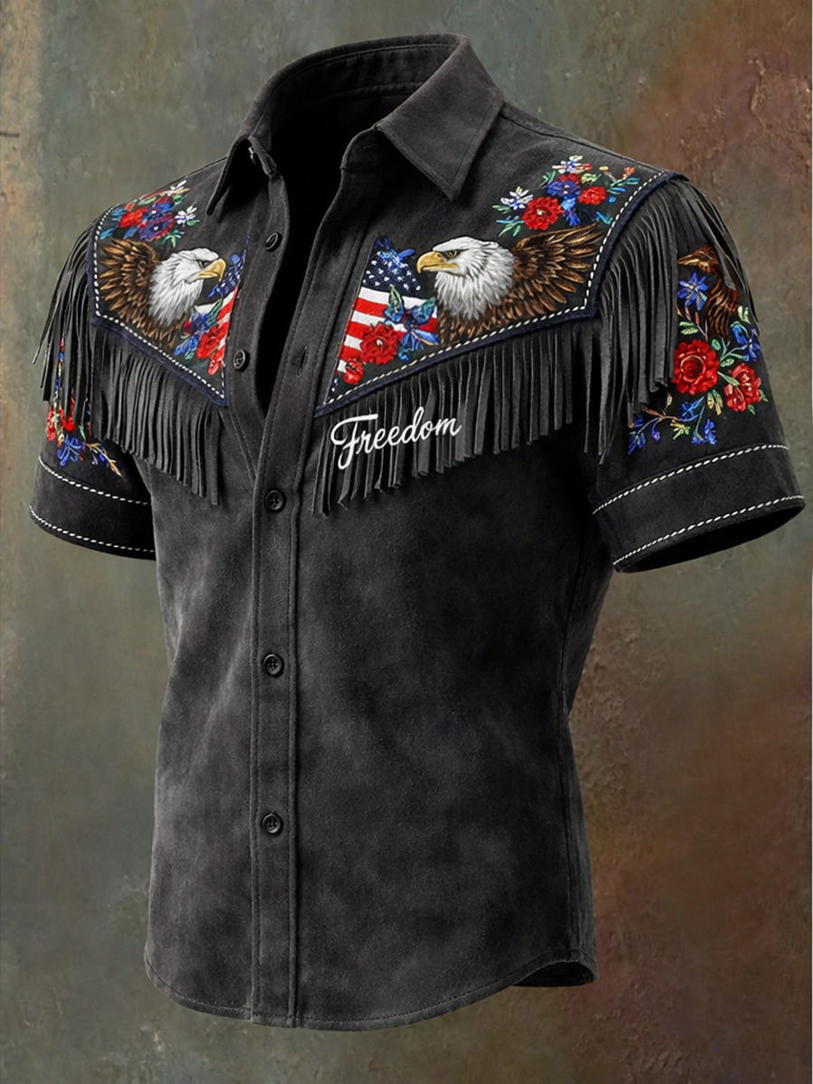 Men's Retro Western Style U.S 250 Commemorative Printed Vintage Tassel Casual Short Sleeves Shirt