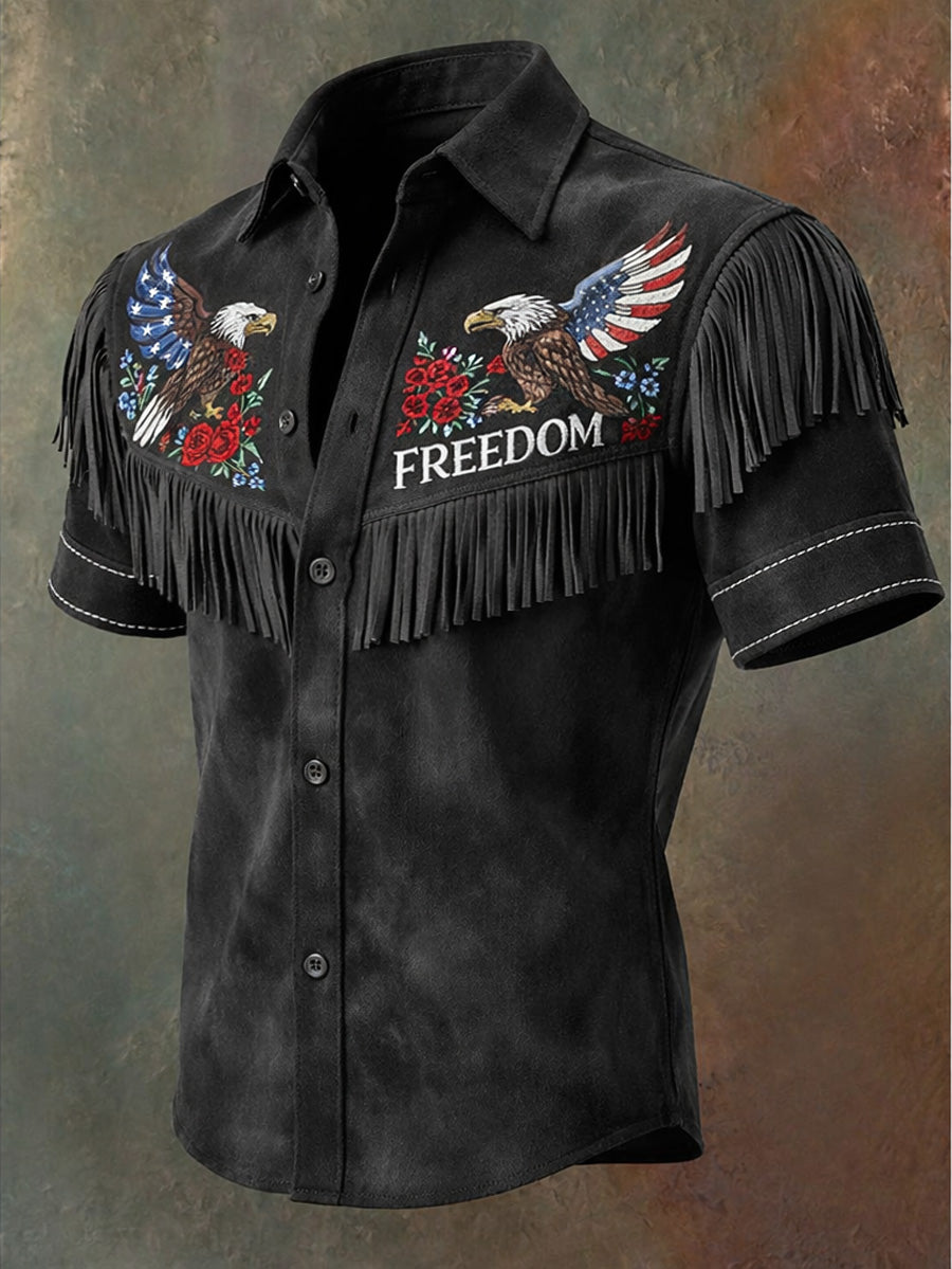 Men's Retro Western Style U.S 250 Commemorative Printed Vintage Tassel Casual Short Sleeves Shirt