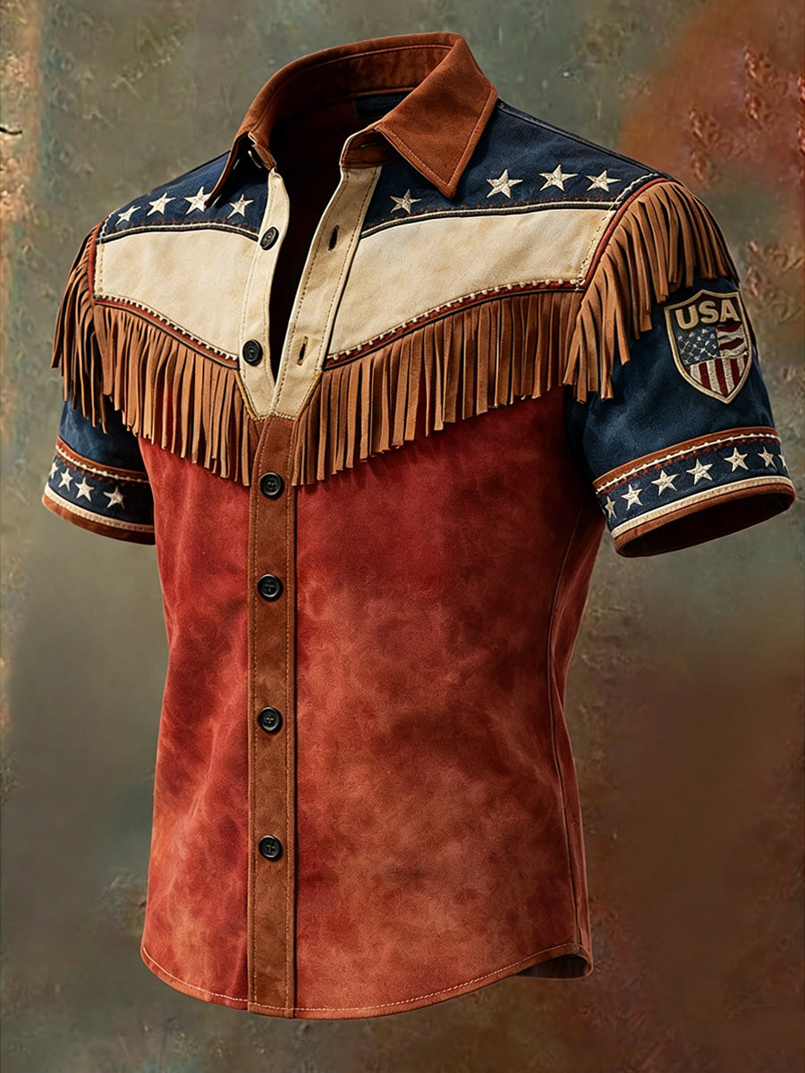 Men's Retro Western Style U.S 250 Commemorative Printed Vintage Tassel Casual Short Sleeves Shirt