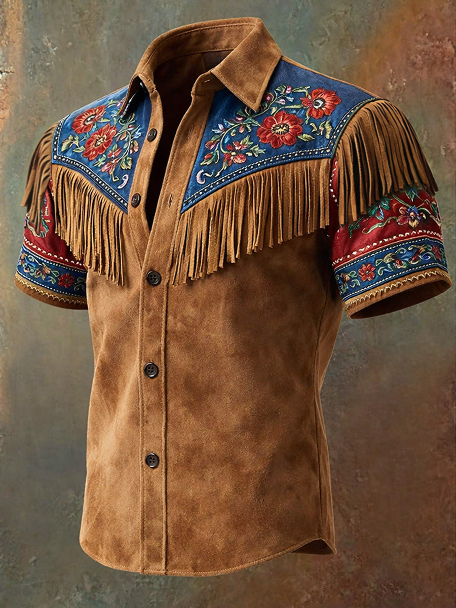 Men's Retro Western Style U.S 250 Commemorative Printed Vintage Tassel Casual Short Sleeves Shirt