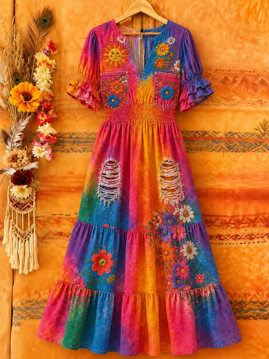 Women's Retro Art Print Washed Cotton Lace Patchwork Midi Dress