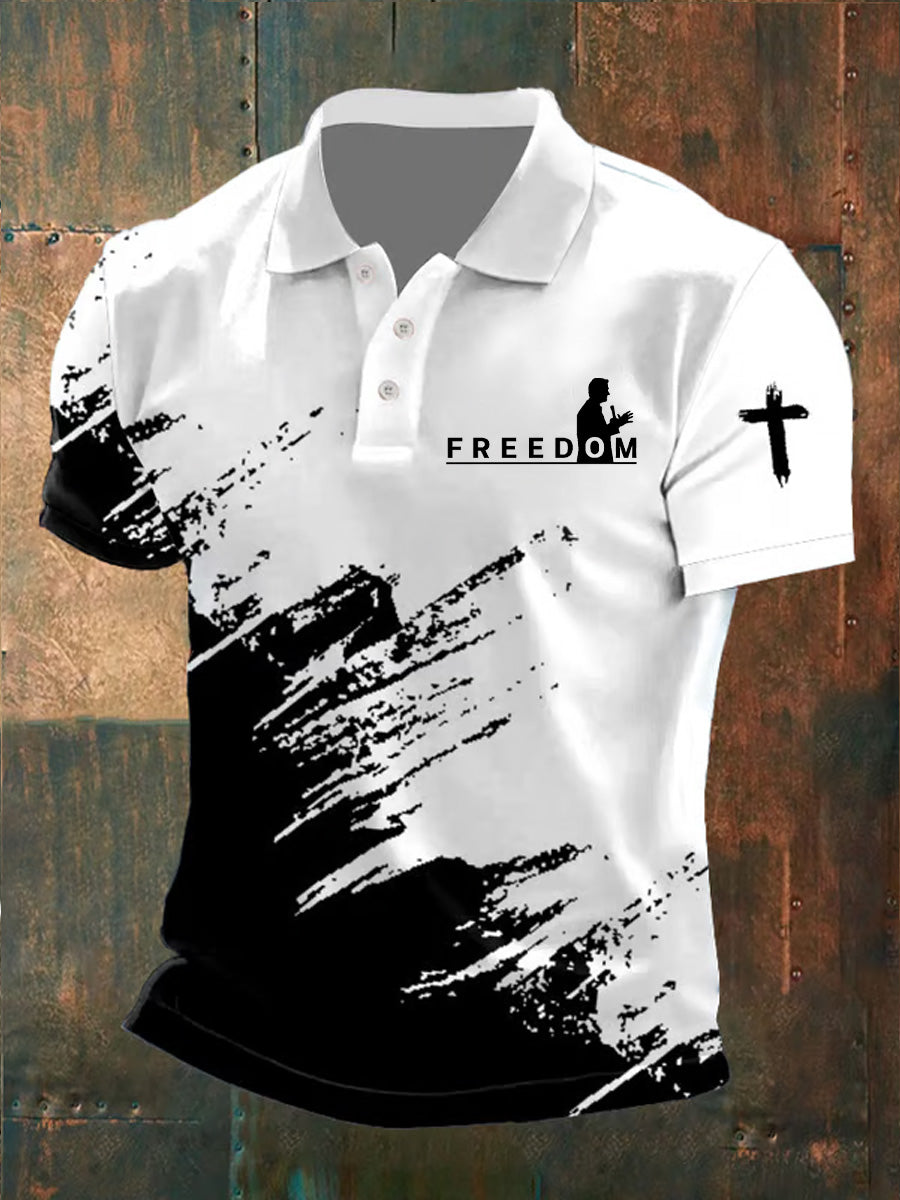 Men's Freedom American Flag Print Retro V-Neck Short Sleeves Polo-Shirt