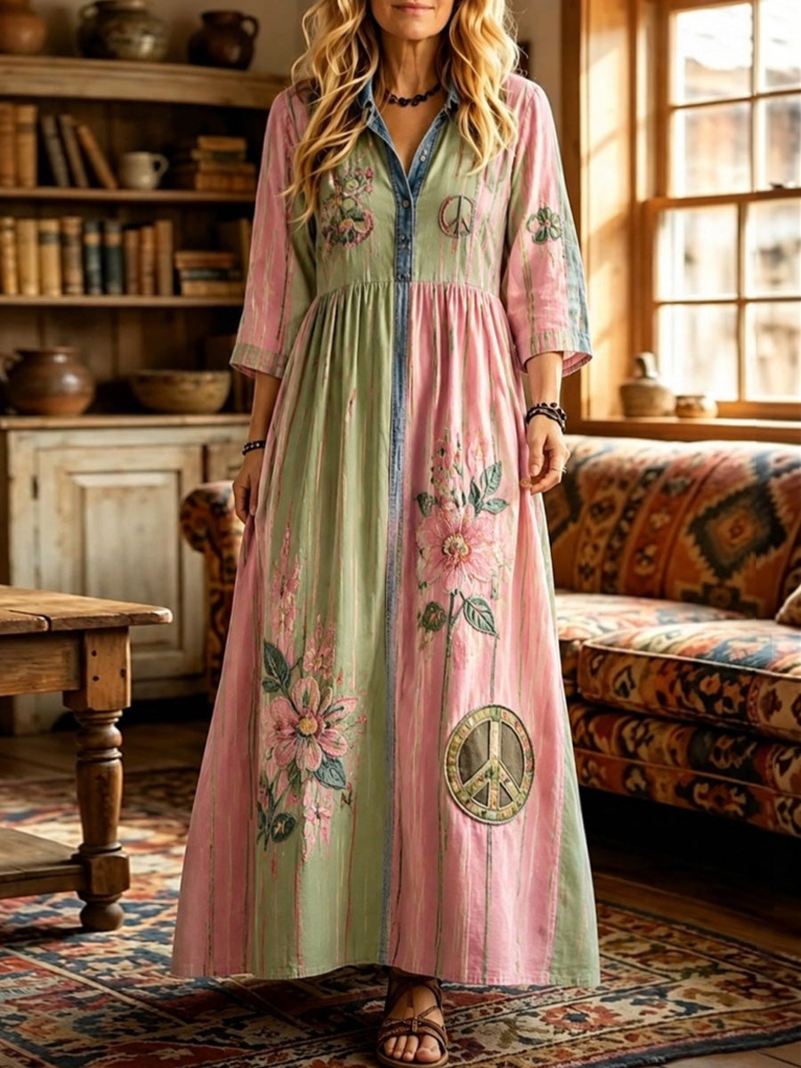 Women's Hippy Floral Art Print Washed Cotton Denim Patchwork Midi Dress