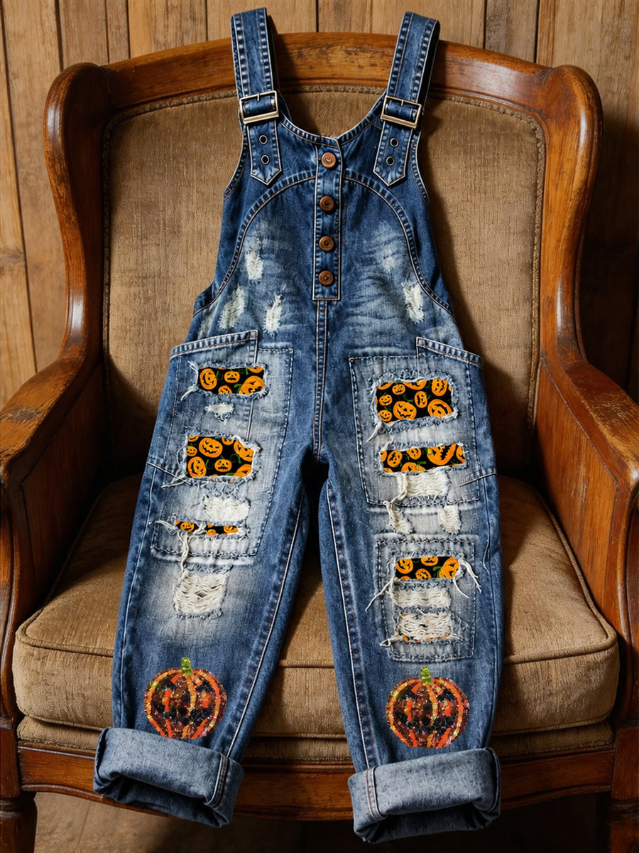 Women's Retro Style Art Print Washed Cotton Denim Patchwork Jumpsuit