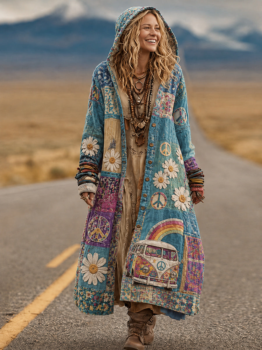 Retro Bohemian Style Art Printed Cotton Buttoned Hooded Casual Loose Long-Sleeved Shirt