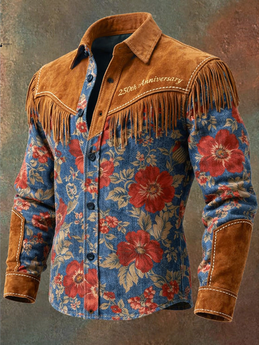 Men's Retro Western Style Art Print Vintage Tassel Casual Long Sleeve Shirt