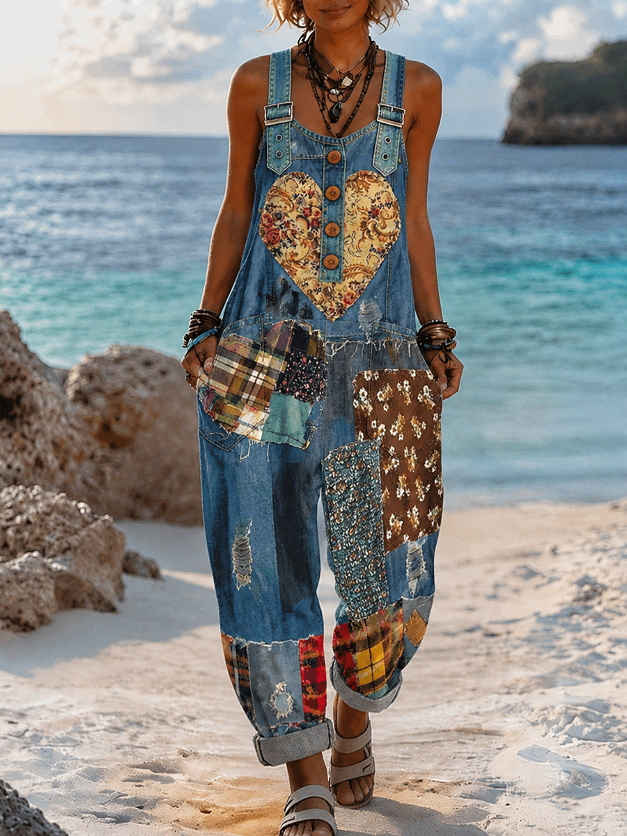 Women's Retro Style Art Print Washed Cotton Denim Patchwork Jumpsuit