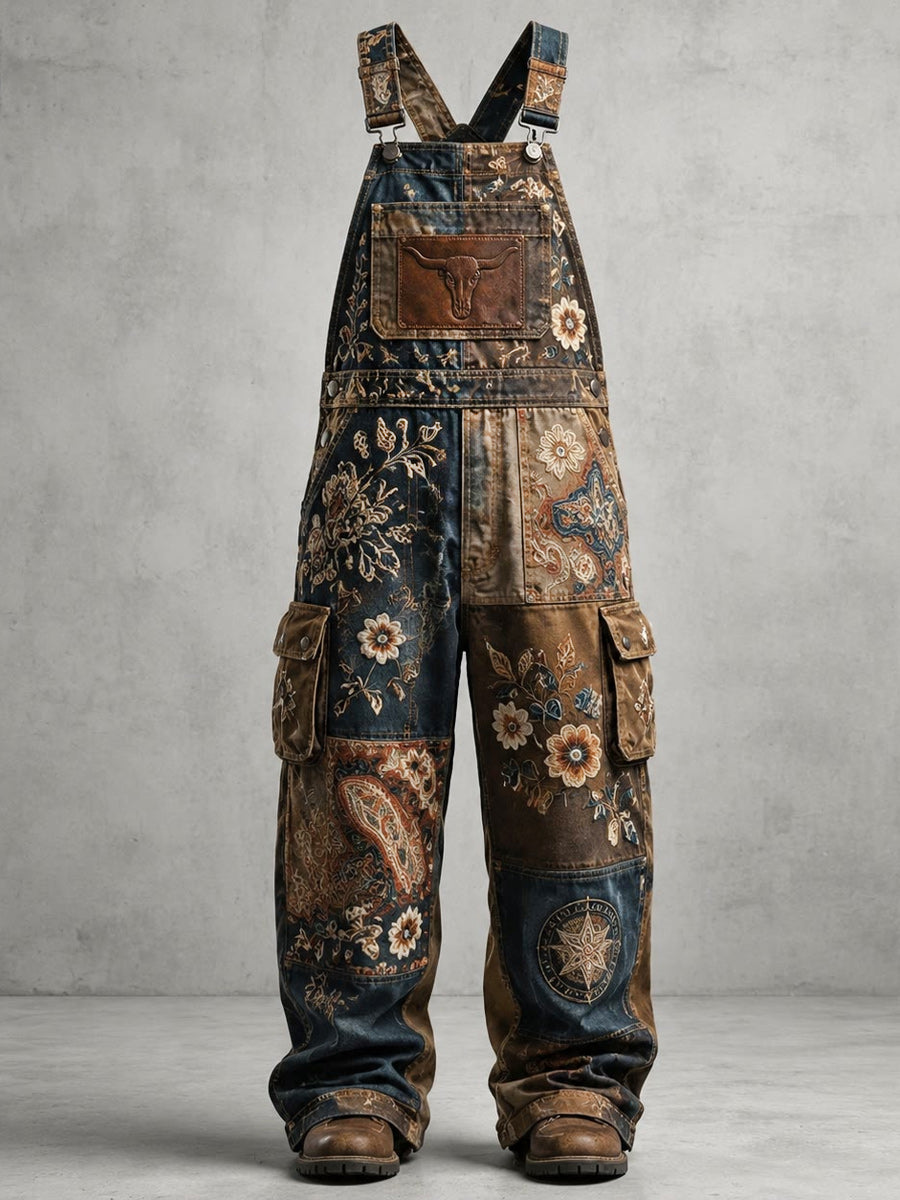 Men's Retro Style Art Print Vintage Casual Washed Cotton Denim Patchwork Jumpsuit