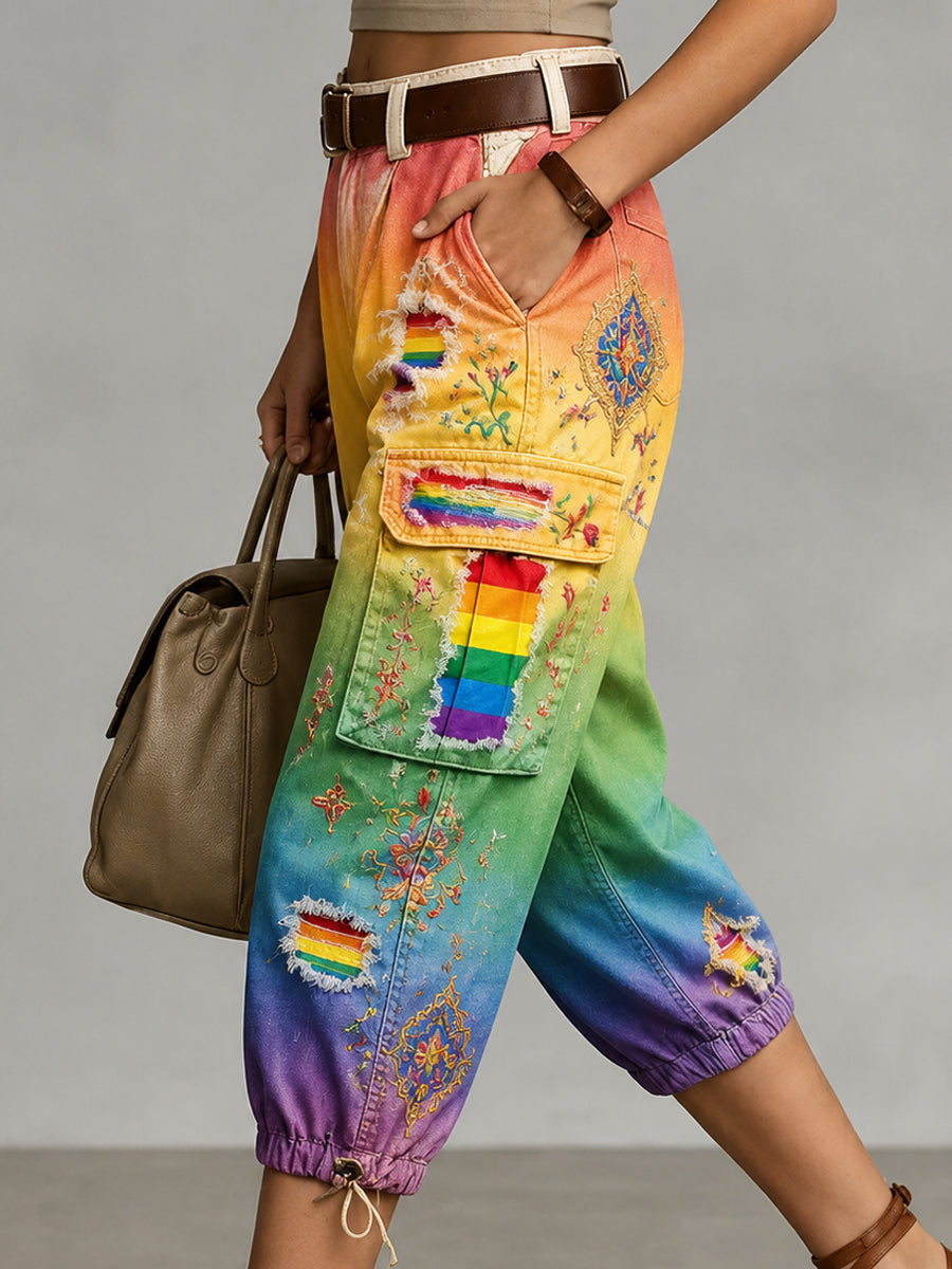 Retro Style Floral Print Vintage Casual Denim Capri Trousers