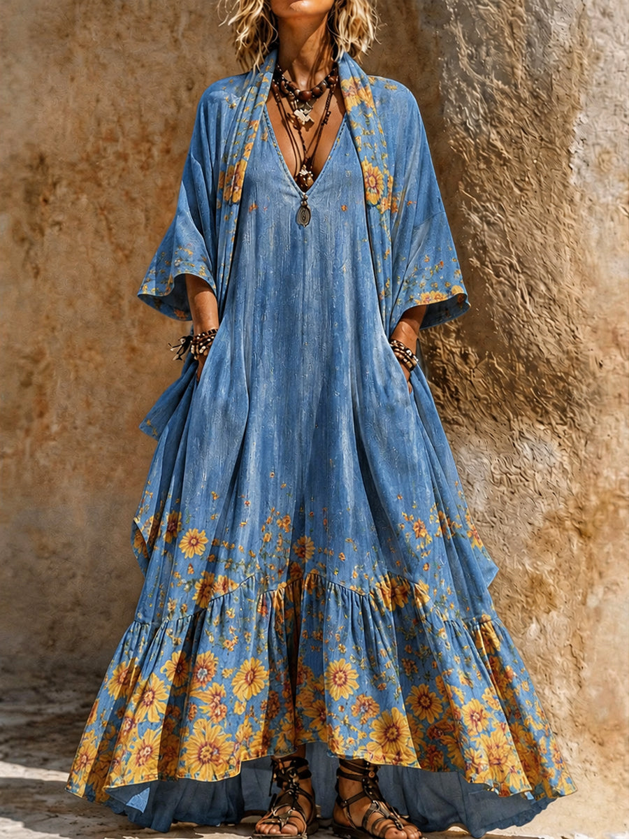 Retro Style Art Printed Vintage Camisole Dress Long Sleeve Two-Piece Maxi Dress