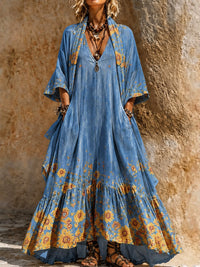 Retro Style Art Printed Vintage Camisole Dress Long Sleeve Two-Piece Maxi Dress