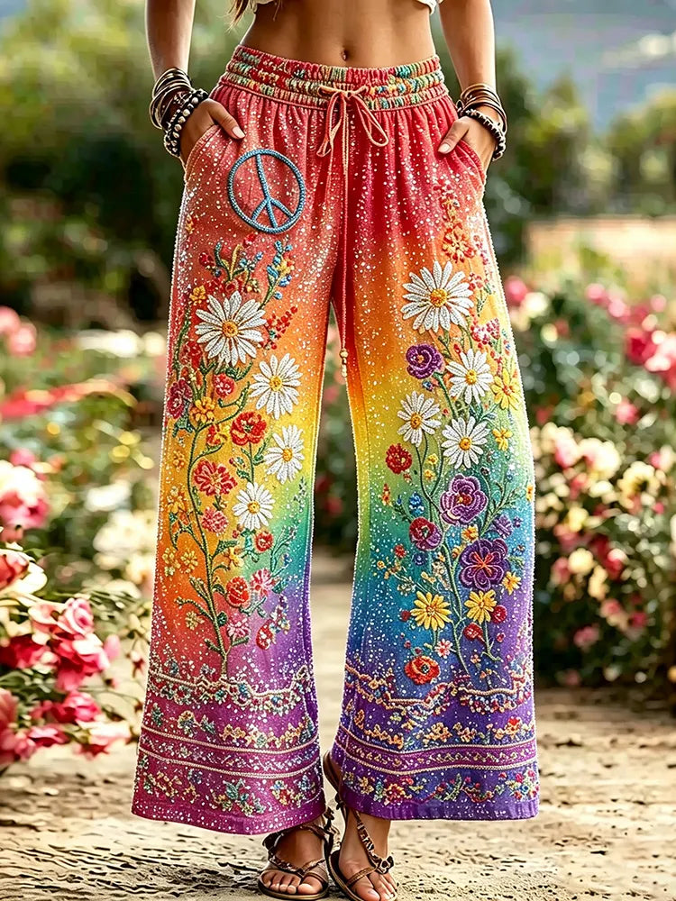 Women's Retro Floral Peace Symbol Embroidered Casual Cotton Linen Trousers