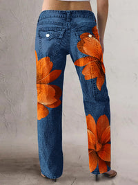 Women's Retro Style Art Print Casual Pocket Button Wide Leg Pants
