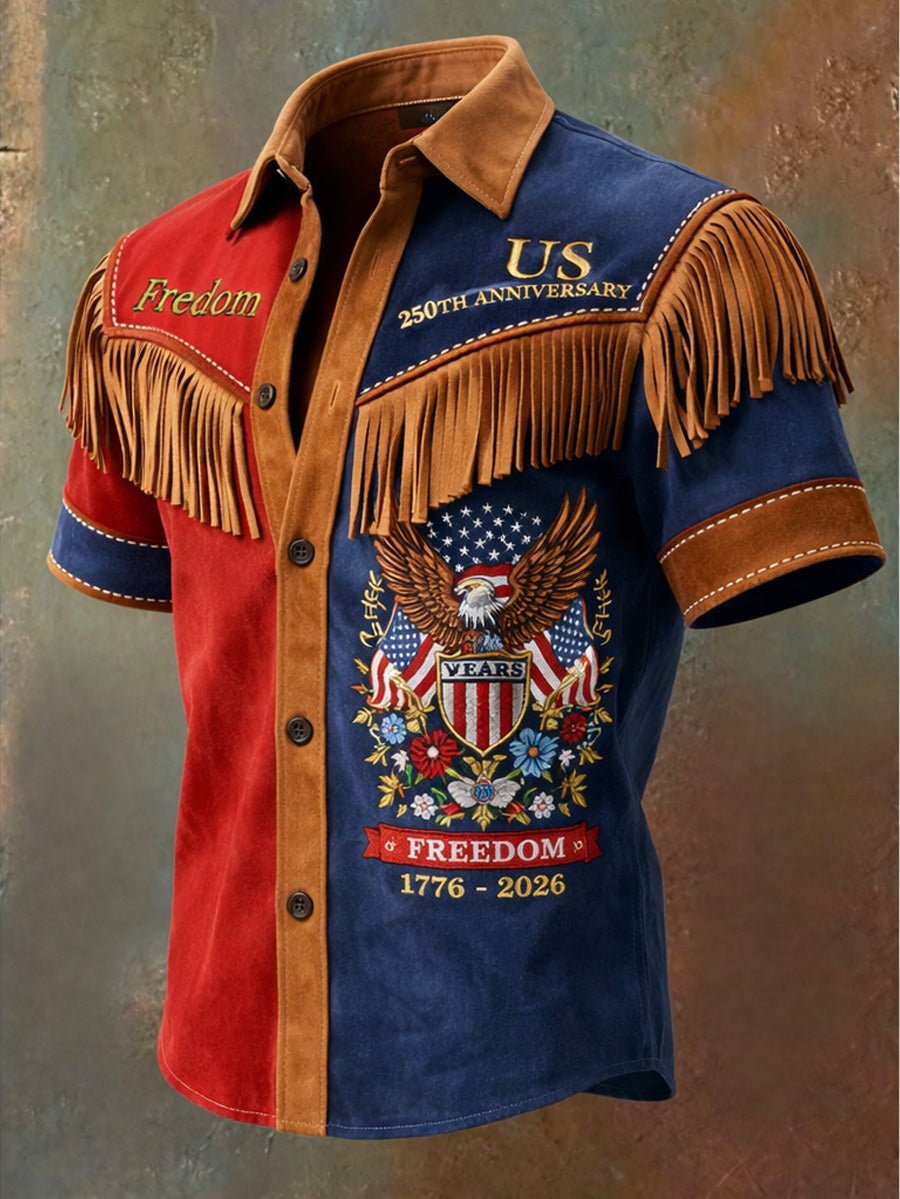 Men's Retro Western Style U.S 250 Commemorative Printed Vintage Tassel Casual Short Sleeves Shirt