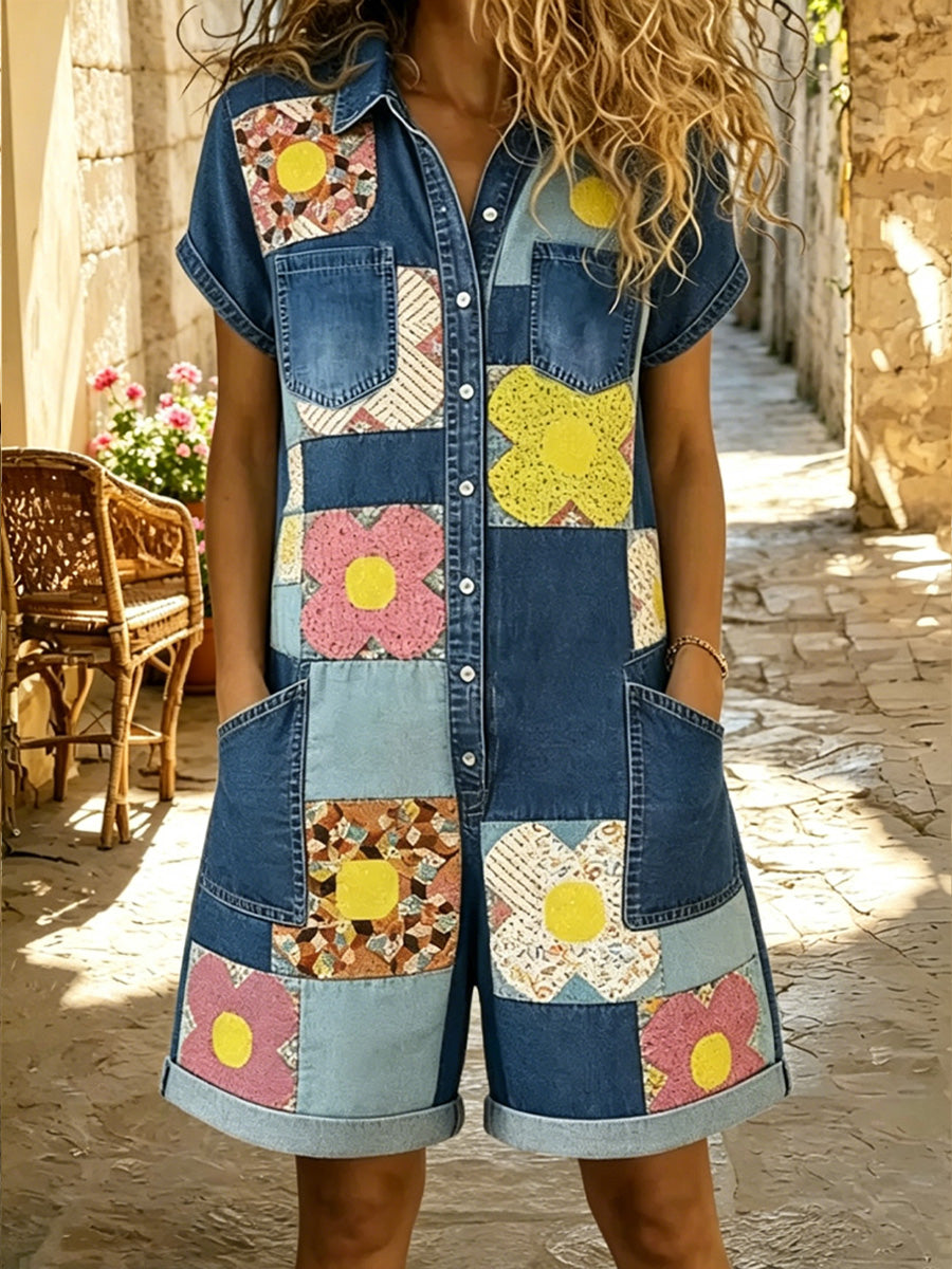 Women's Retro Floral Art Print Washed Cotton Denim Patchwork Jumpsuit