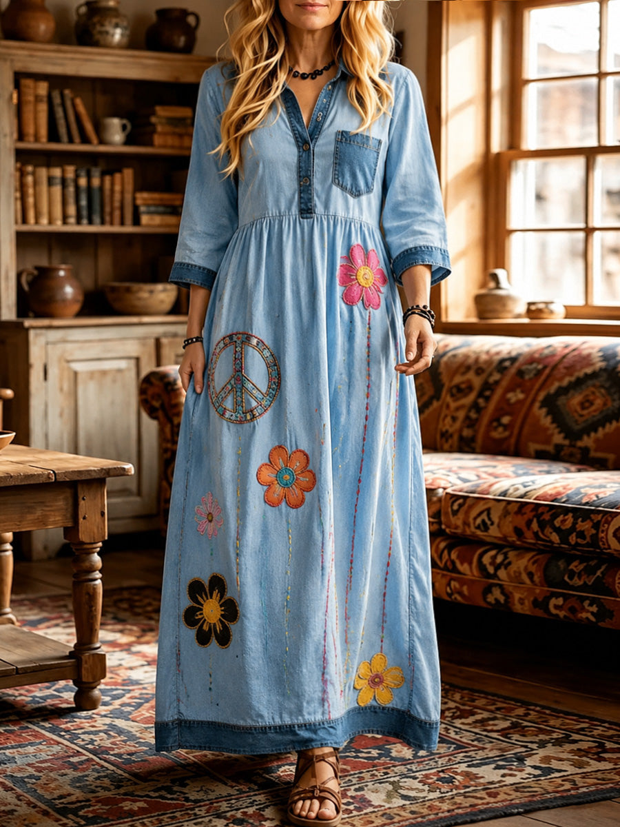 Women's Hippy Floral Art Print Washed Cotton Denim Patchwork Midi Dress