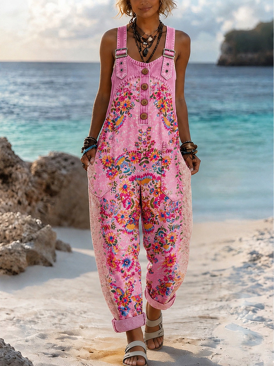Women's Retro Style Art Print Washed Cotton Denim Patchwork Jumpsuit