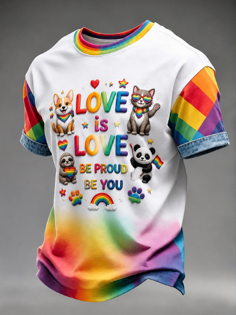 Retro Pride Month Rainbow Art Printed Round Neck Short Sleeves T-Shirt