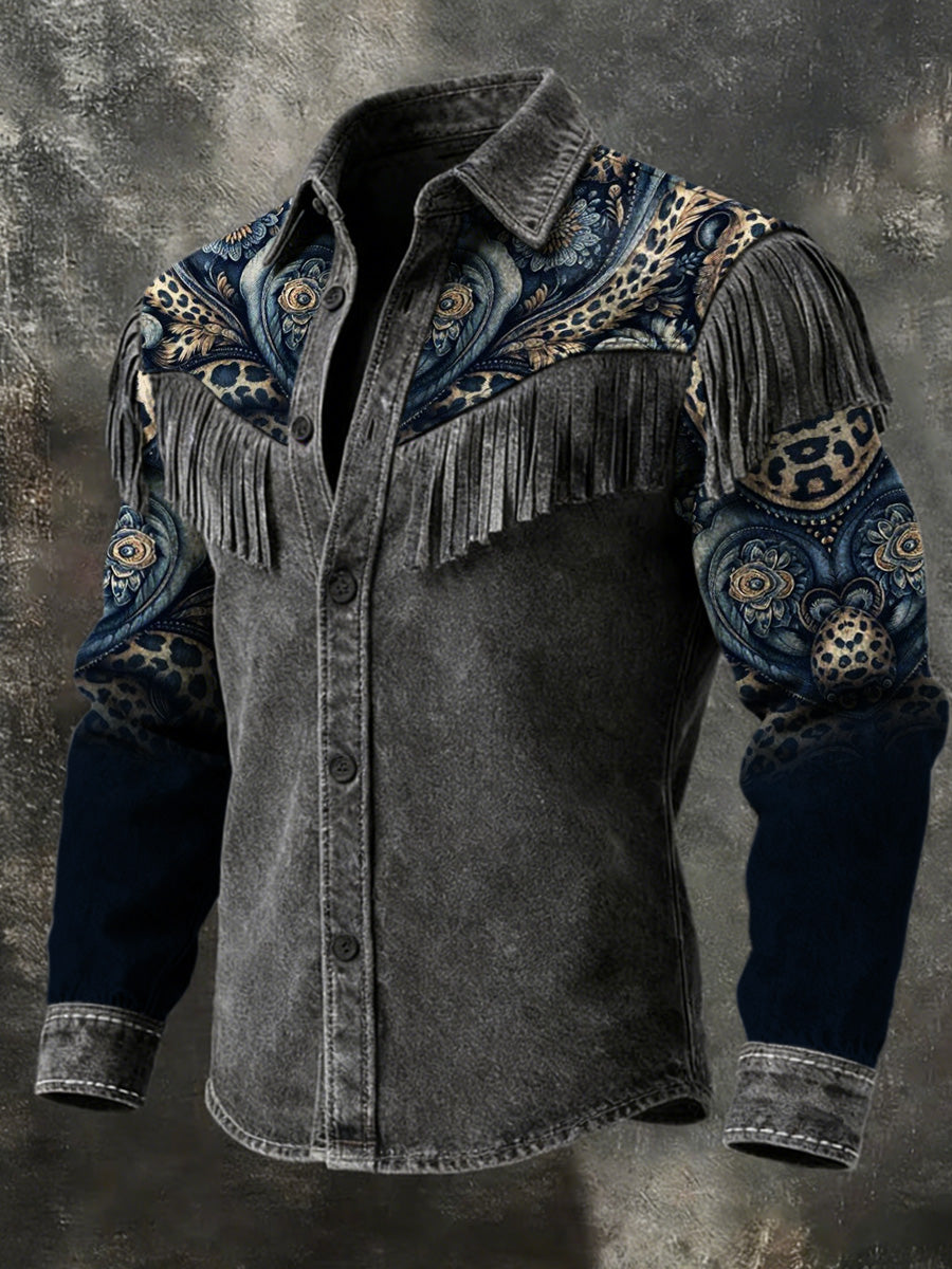 Men's Retro Western Style Art Print Vintage Tassel Casual Long Sleeve Shirt